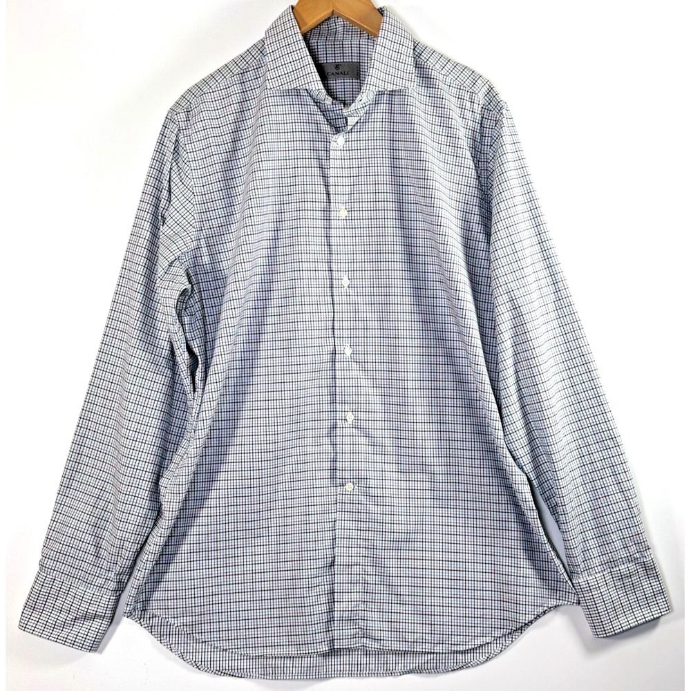 Canali 1934 Silver Label Shirt 16.5 42 Blue Brown Check Plaid Cotton Made Italy